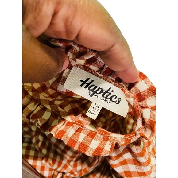 HAPTICS Womens Gingham Ruffle Red White Long Sleeve Blouse Top Cotton Blend 1X - Picture 6 of 8